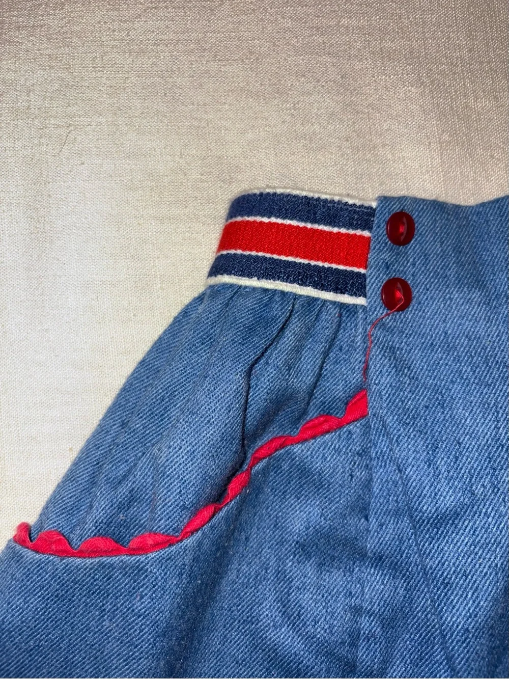 Girls XS Vintage Blue Denim A-Line Skirt with Red Trim HANDMADE